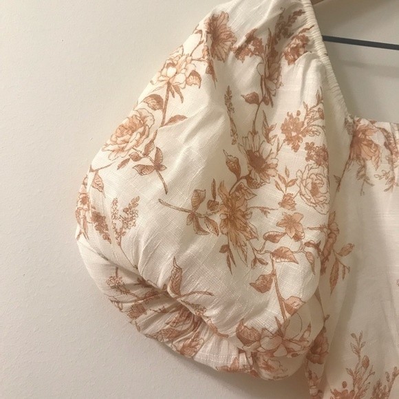 Blu Pepper Cream and Brown Floral Square Neck Puff Sleeve Mini Dress-Size Small - Picture 4 of 9